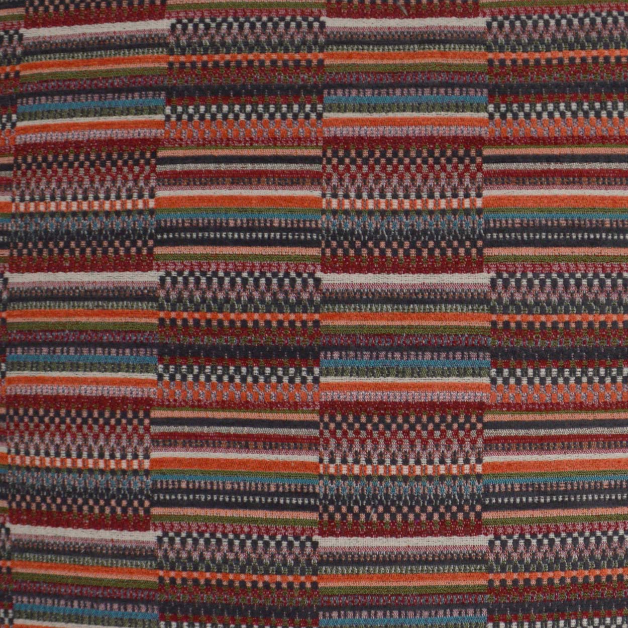 Colorful woven striped fabric with orange, red, blue, black and white in a checkered pattern; great for upholstery.