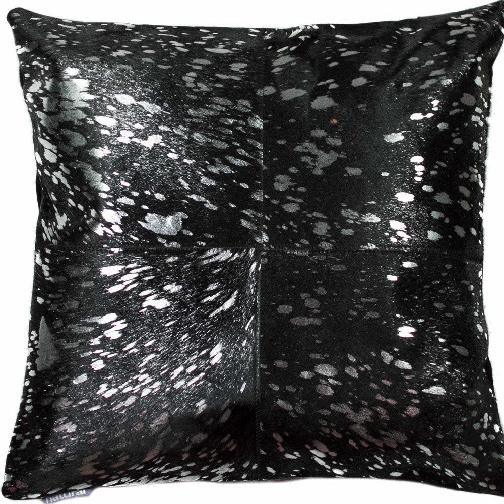 18" Black and Silver Cowhide Throw Pillow