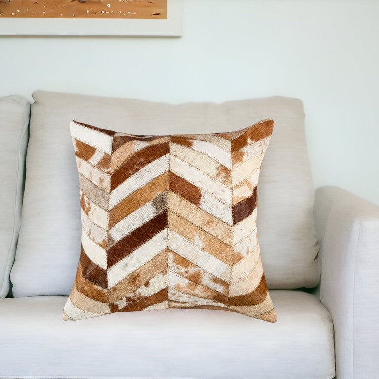 18" Brown and White Cowhide Throw Pillow