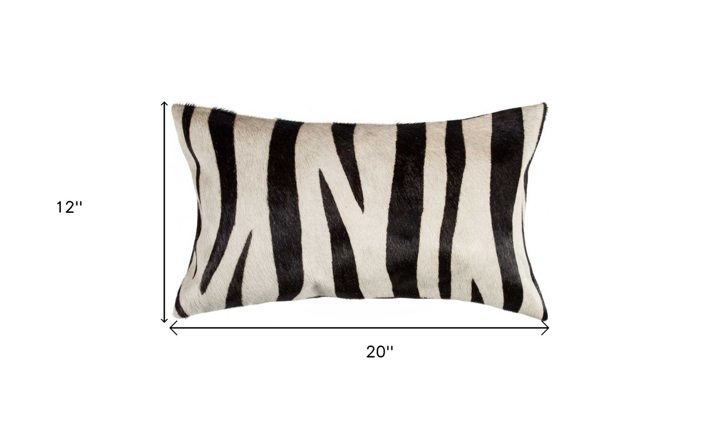 12" X 20" Black and Off White Cowhide Throw Pillow