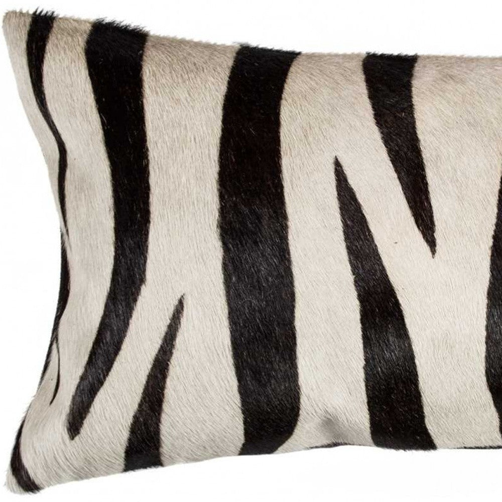 12" X 20" Black and Off White Cowhide Throw Pillow