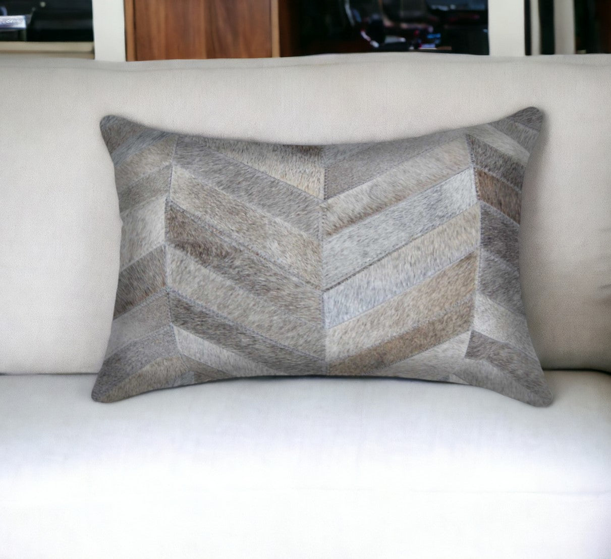 12 X 20 Gray Chevron Cowhide Throw Pillow