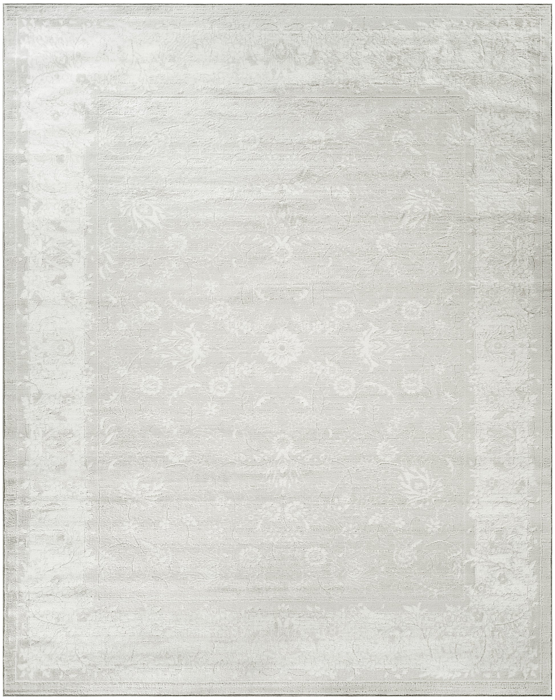 Neutral gray and ivory rectangular rug with a subtle distressed oriental medallion pattern.