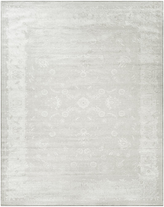 Neutral gray and ivory rectangular rug with a subtle distressed oriental medallion pattern.
