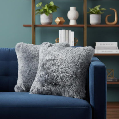 Set of Two 18" Gray Cowhide Throw Pillows