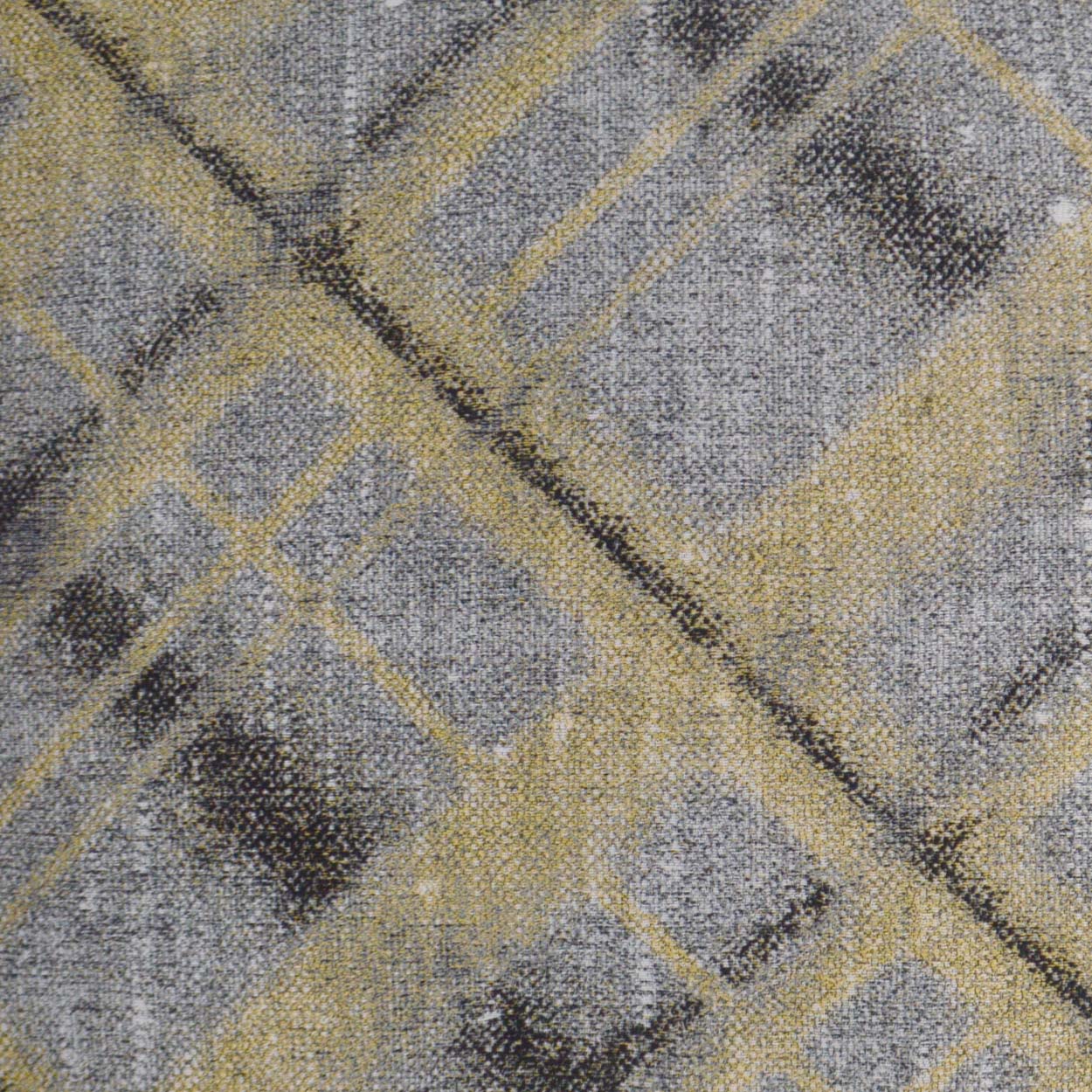 Grey-blue plaid rug fabric with mustard-yellow crosshatch lines and dark accents; woven textile.
