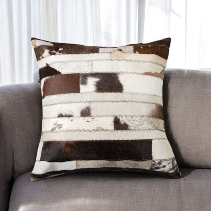 18" Chocolate And Ivory Striped Cowhide Throw Pillow