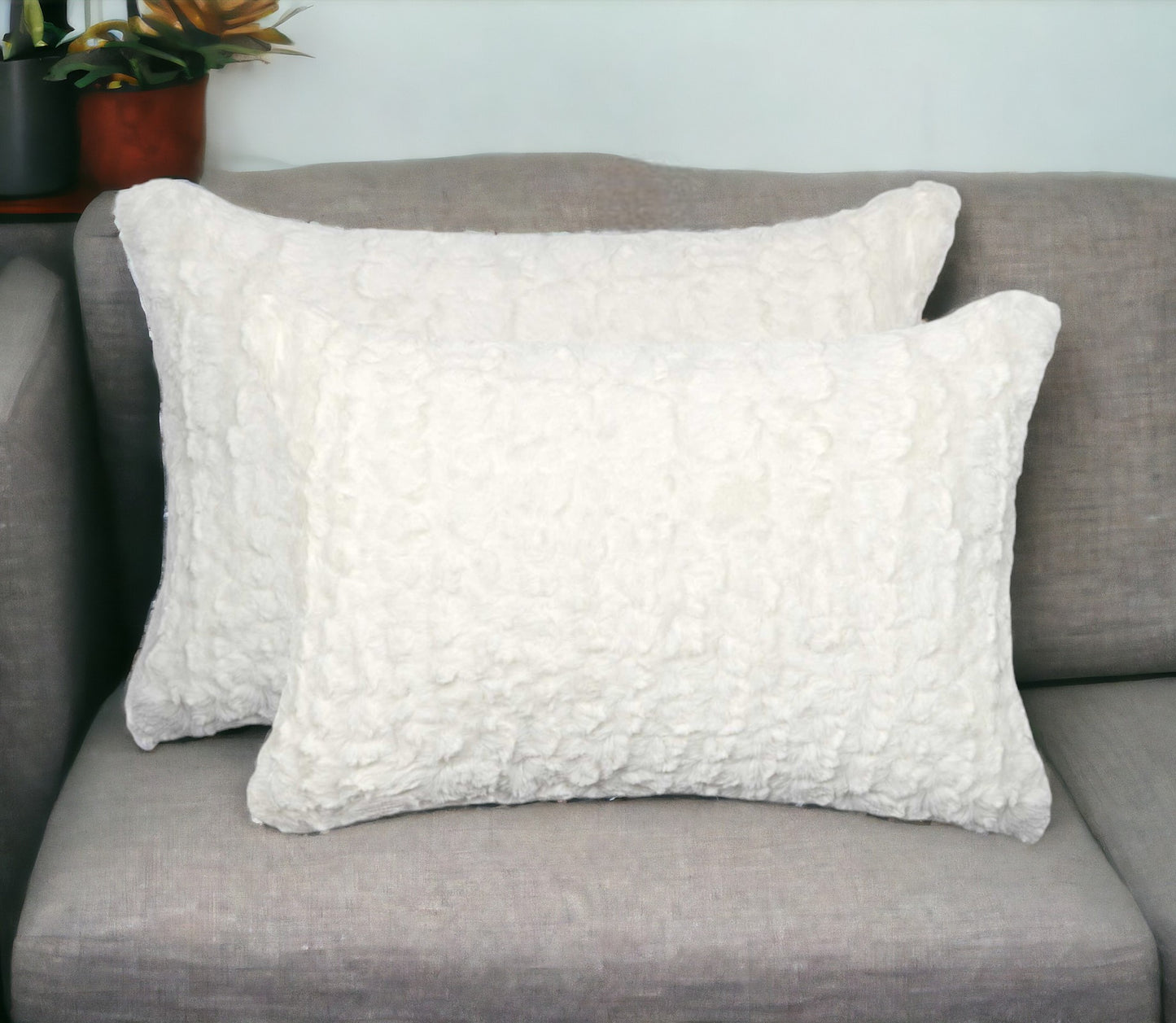 Set of Two 12" X 20" Ivory Faux Fur Throw Pillow