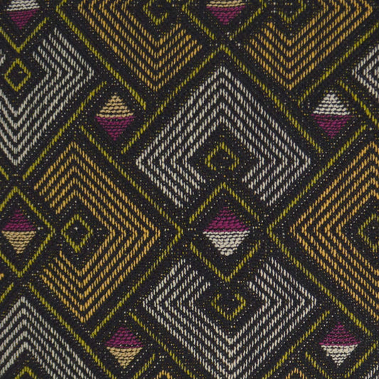 Geometric diamond patterned woven fabric with black, white, yellow-gold and magenta accents.