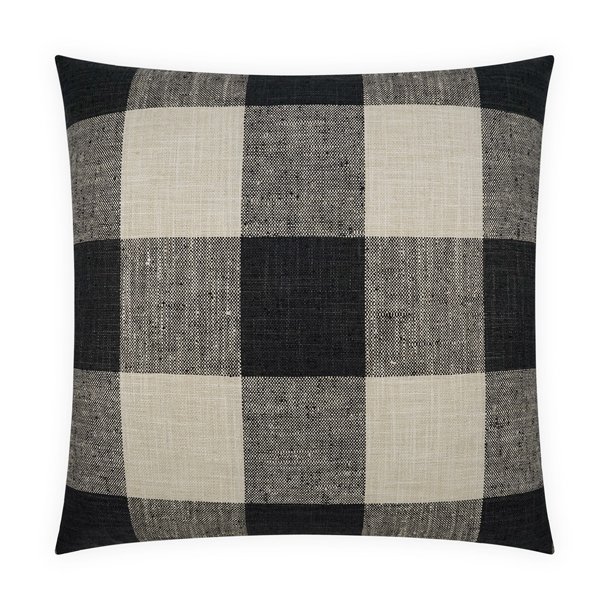 Square pillow in black, gray & cream buffalo check plaid with textured woven fabric.