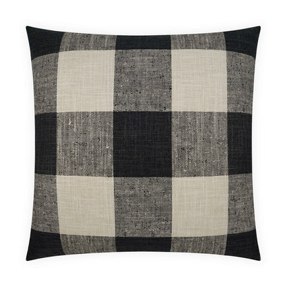 Square pillow in black, gray & cream buffalo check plaid with textured woven fabric.