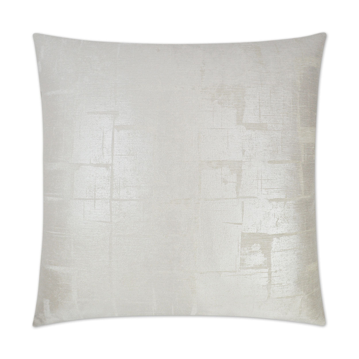 Silver square throw pillow with subtle textured fabric and a faint abstract patchwork pattern.