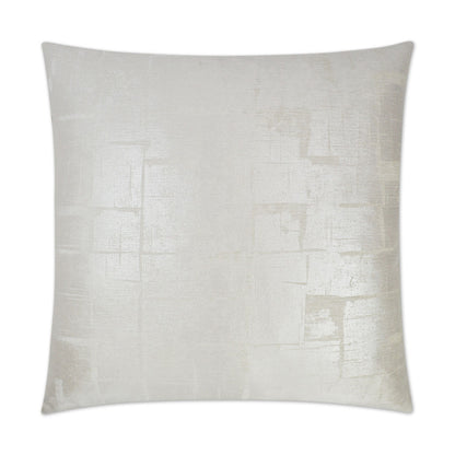 Silver square throw pillow with subtle textured fabric and a faint abstract patchwork pattern.