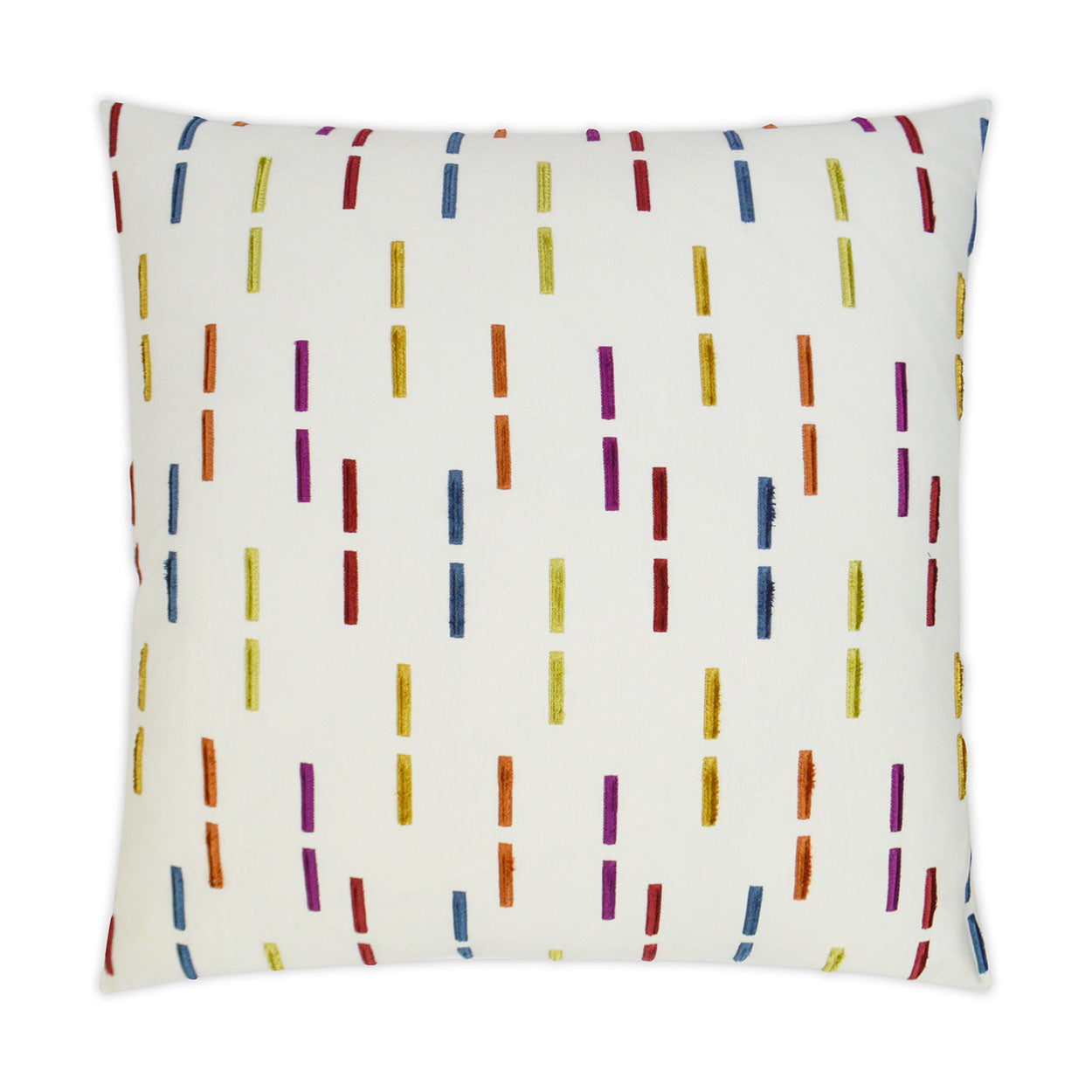 Decorative square throw pillow with white background and colorful vertical dash pattern in red, blue, yellow, orange, purple.