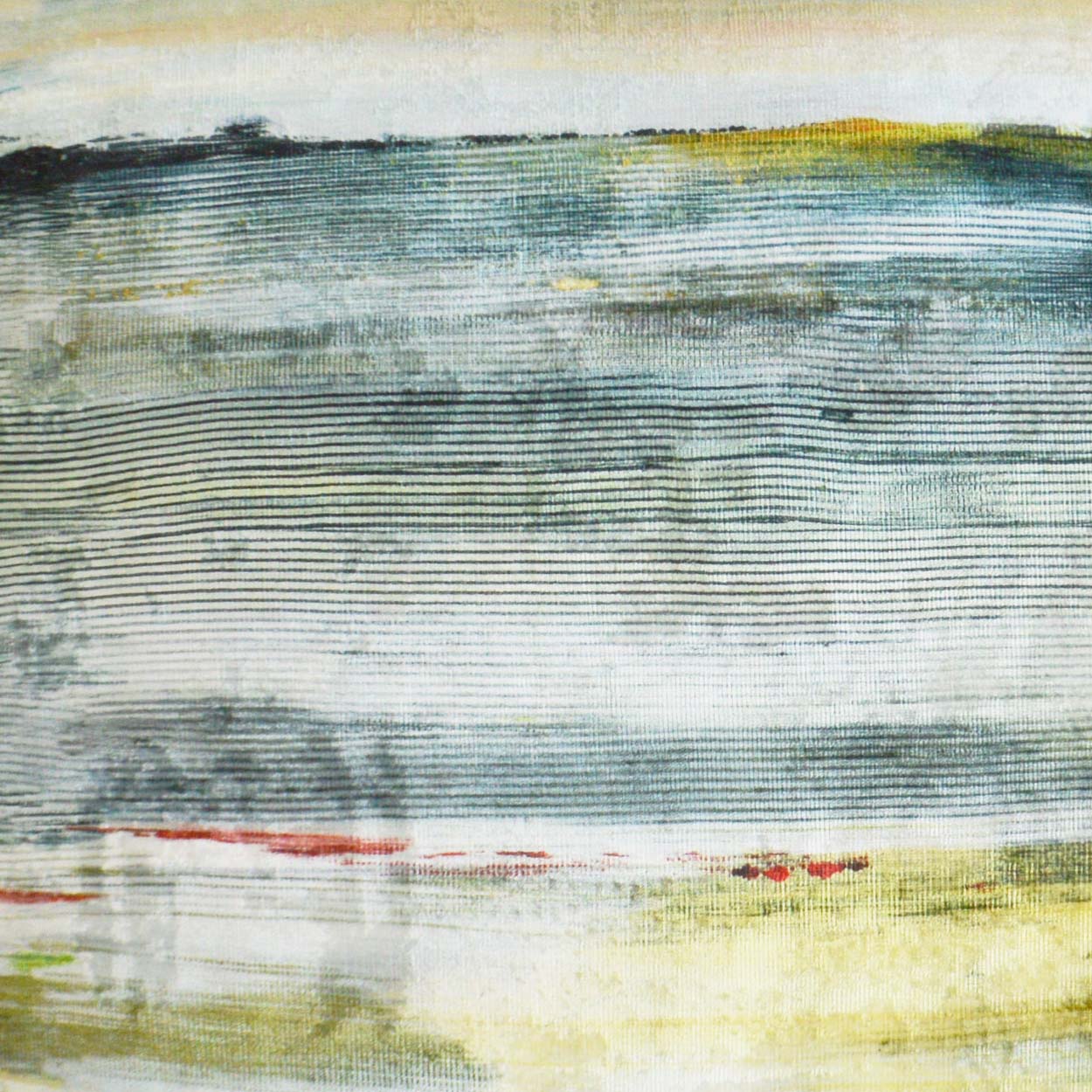 Abstract horizontal striped artwork in blue-gray tones with yellow accents and a red line, textured fabric.