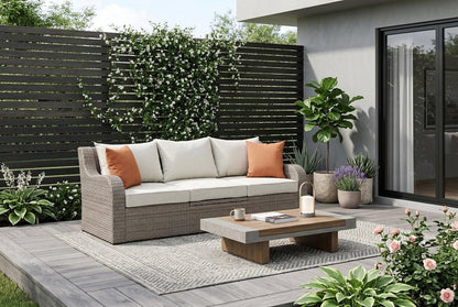 Three Piece Outdoor Gray Wicker Sectional Seating Group with Beige Cushions