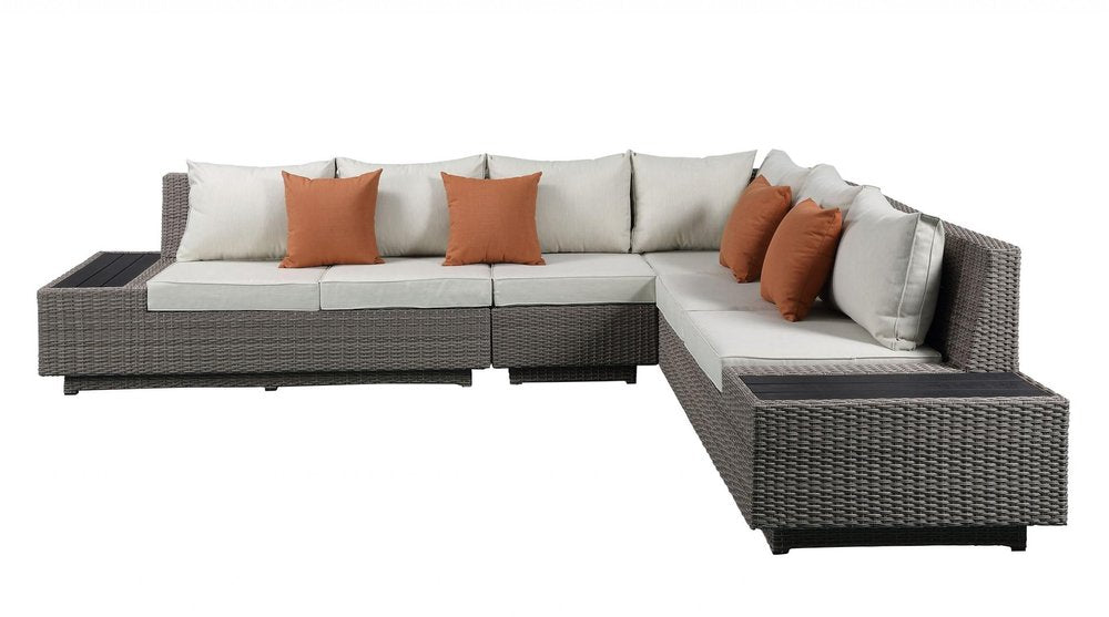 Beige Polyester Modular L Shaped Four Piece With Console And Toss Pillows