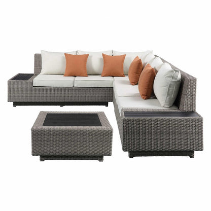 Beige Polyester Modular L Shaped Four Piece With Console And Toss Pillows