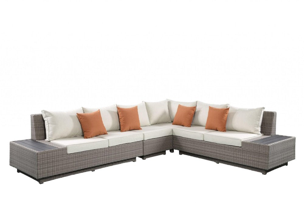 Beige Polyester Modular L Shaped Four Piece With Console And Toss Pillows