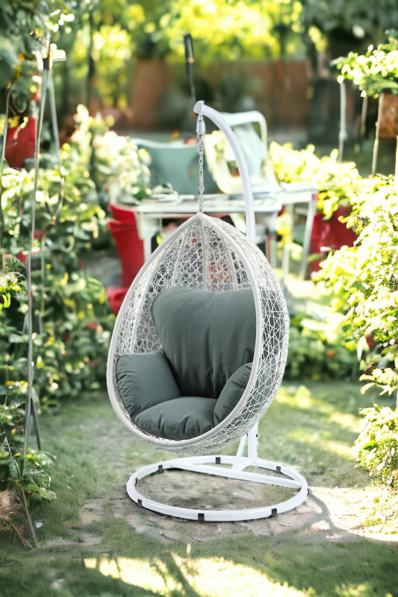 38" White Metal Swing Chair With Green Cushion