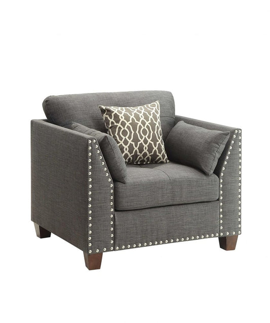 34" Charcoal and Brown Linen Arm Chair And Toss Pillows