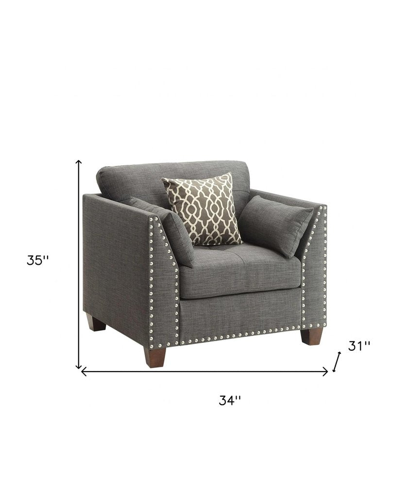 34" Charcoal and Brown Linen Arm Chair And Toss Pillows