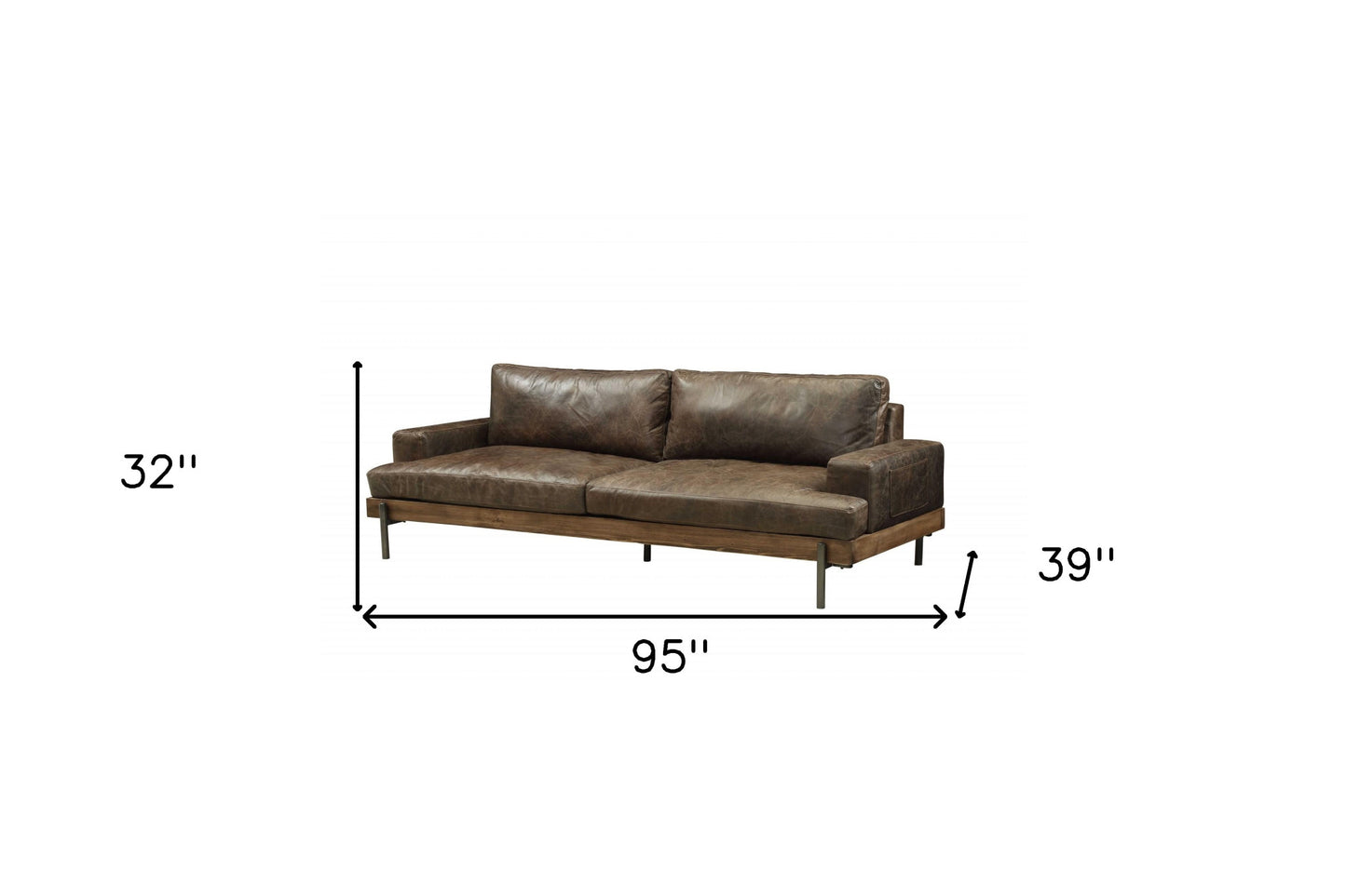 95" Chocolate Top Grain Leather Sofa With Black Legs
