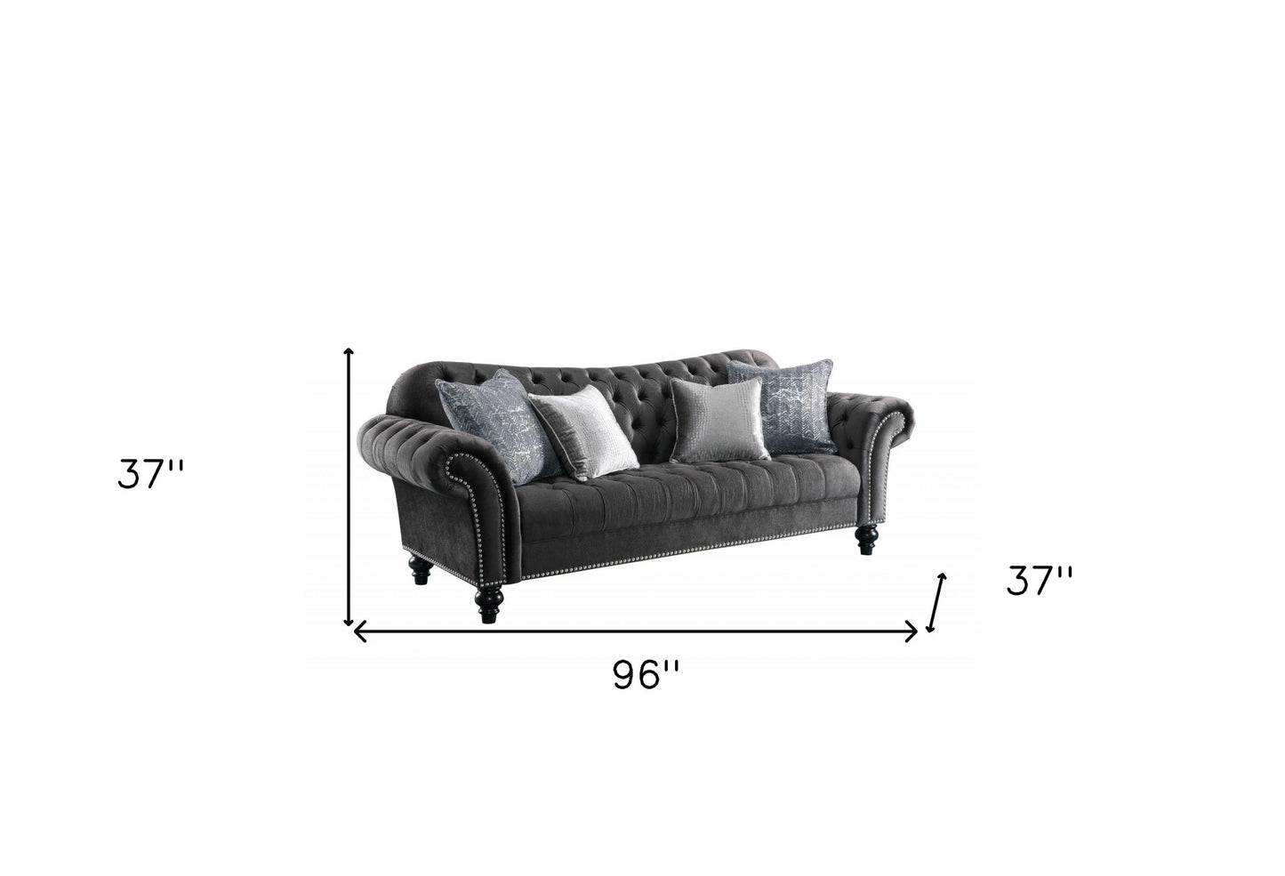 96" Dark Gray Velvet Sofa And Toss Pillows With Black Legs