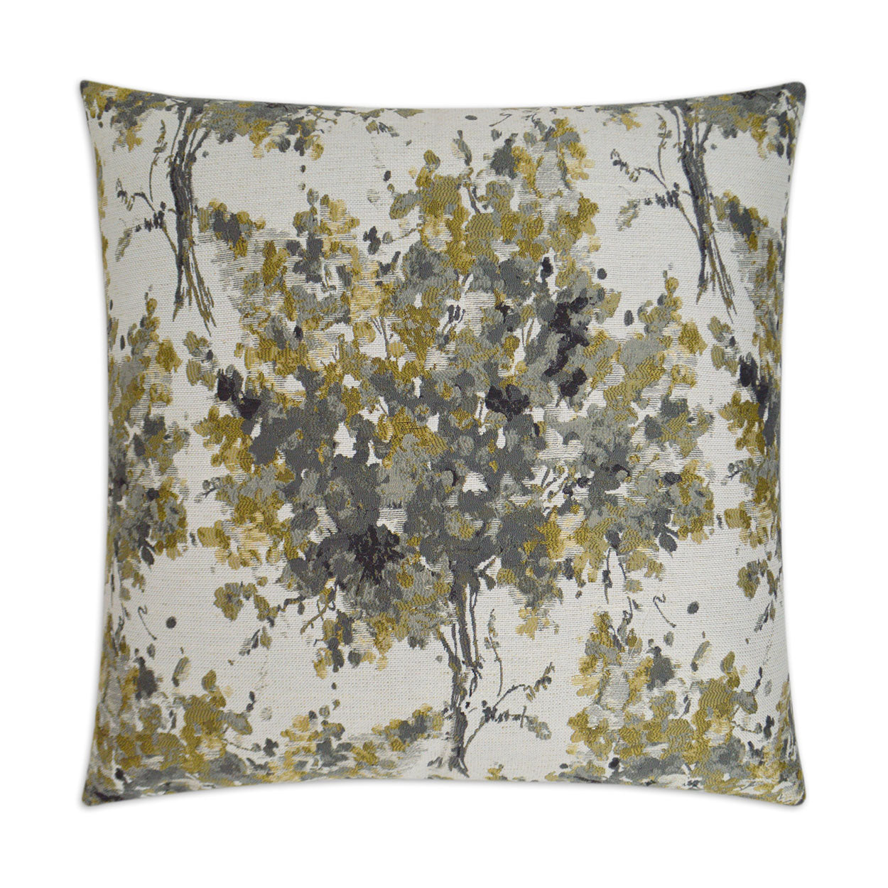 Square decorative cushion with abstract floral pattern in gold, gray and black on beige background.
