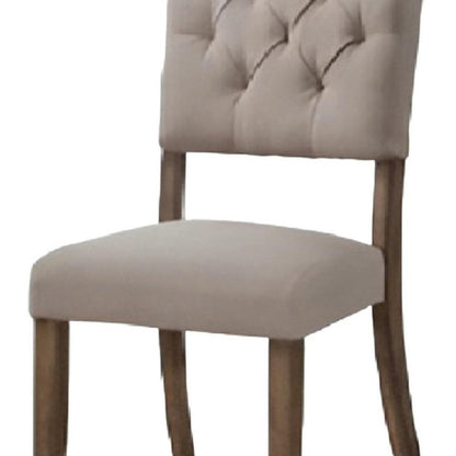 Set of Two Tufted Cream and Brown Upholstered Linen Open Back Dining Side Chairs