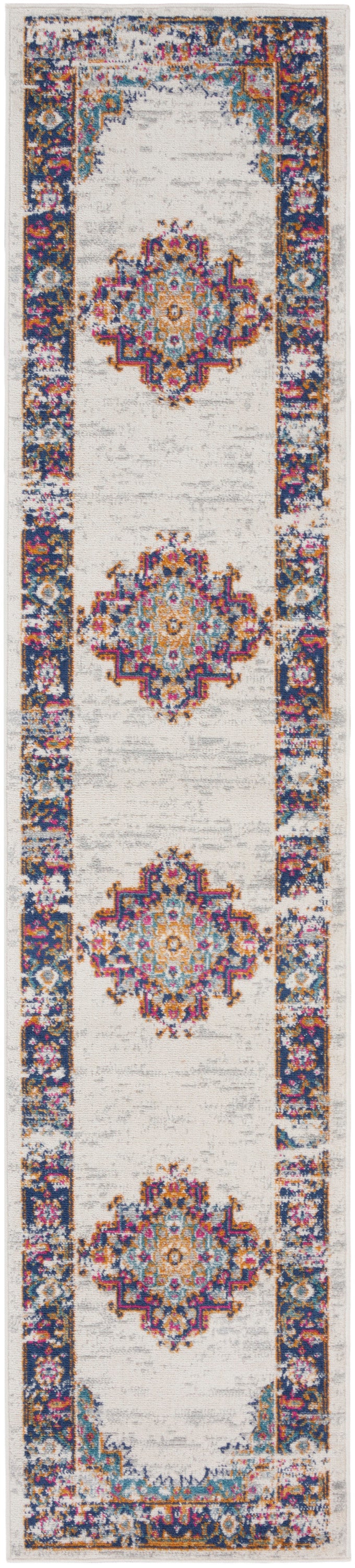 Long cream oriental runner rug with repeating multicolor medallions and ornate navy border; Persian-inspired decor.