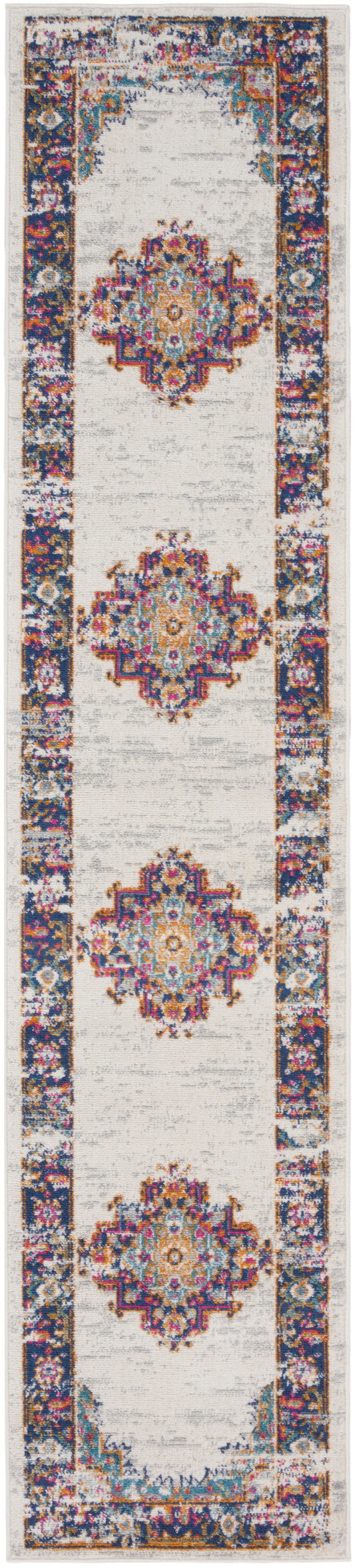 Long cream oriental runner rug with repeating multicolor medallions and ornate navy border; Persian-inspired decor.