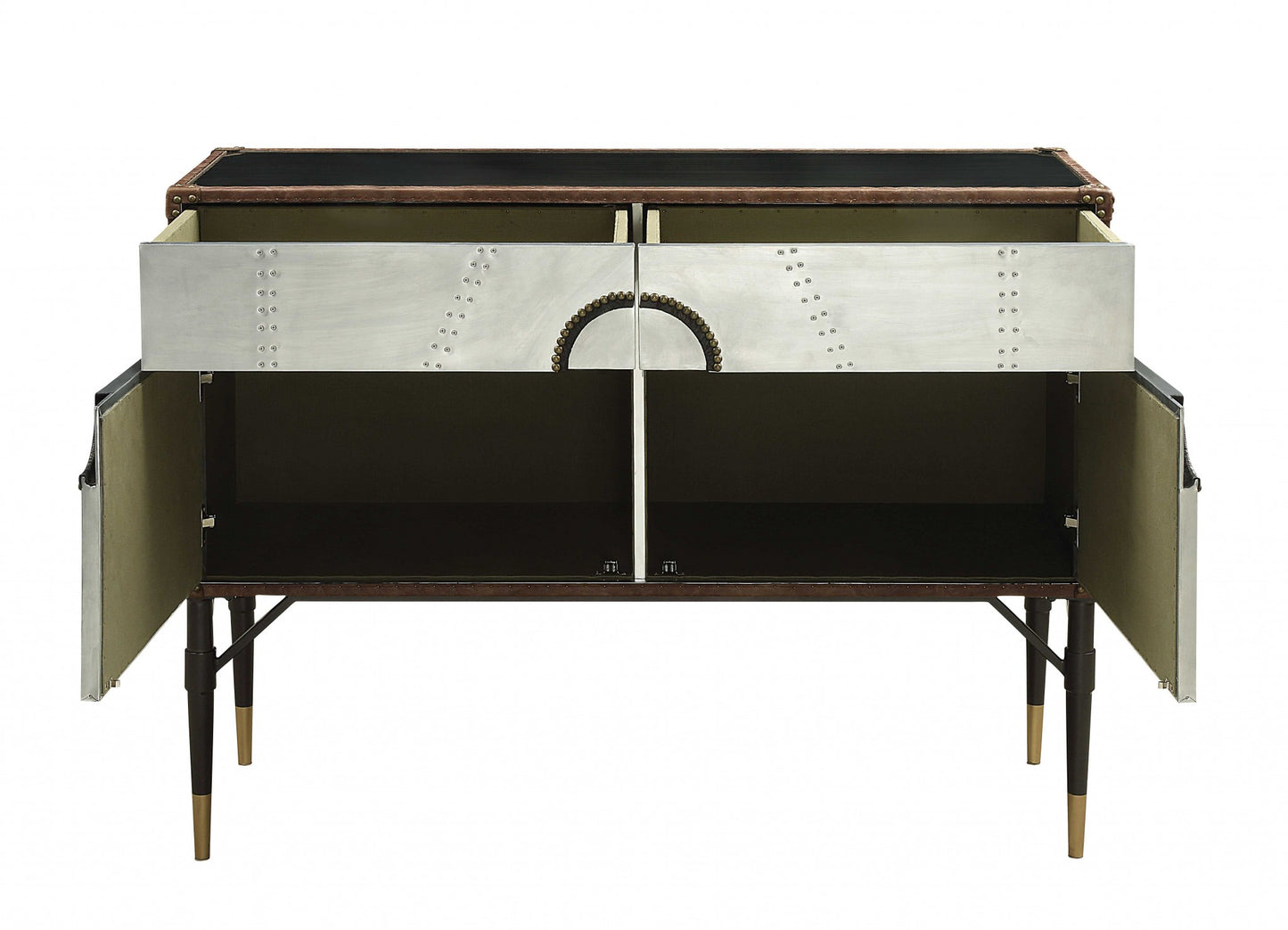 52" X 21" X 40" Brown Top Grain Leather And Aluminum Console Table