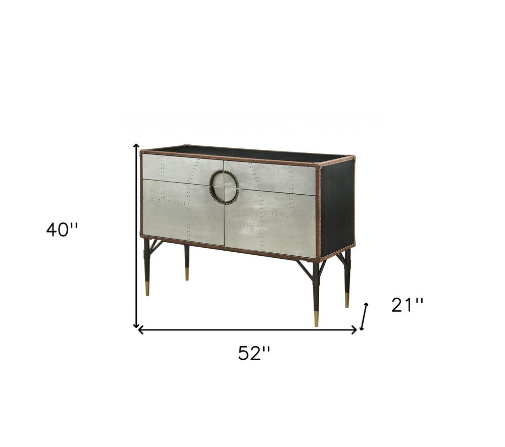 52" Brown Silver and Black Leather And Aluminum Console Table With Two Drawers