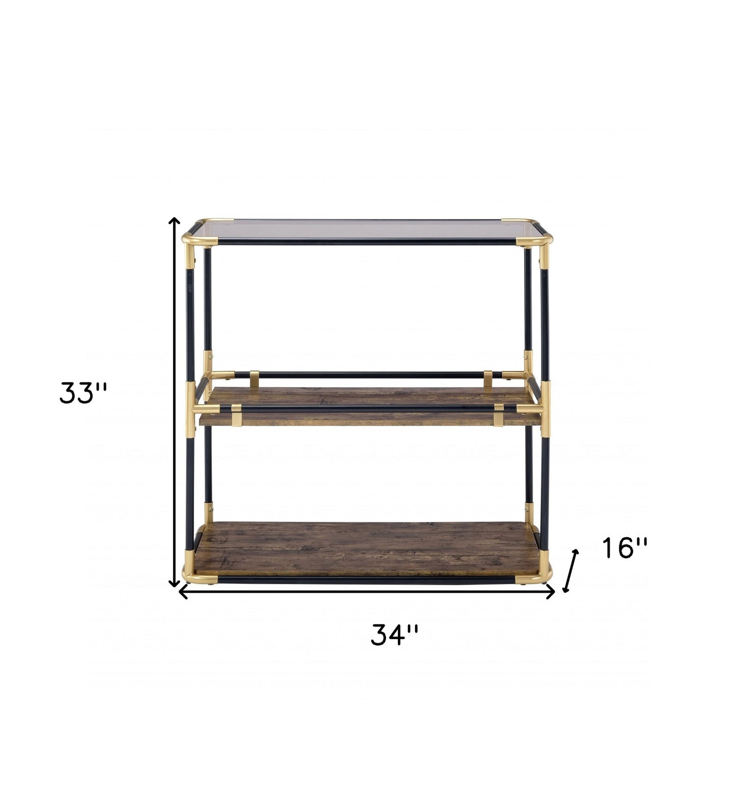 33" Black and Gold And Clear Glass End Table With Two Shelves With Magazine Holder