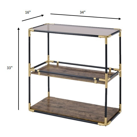 33" Black and Gold And Clear Glass End Table With Two Shelves With Magazine Holder