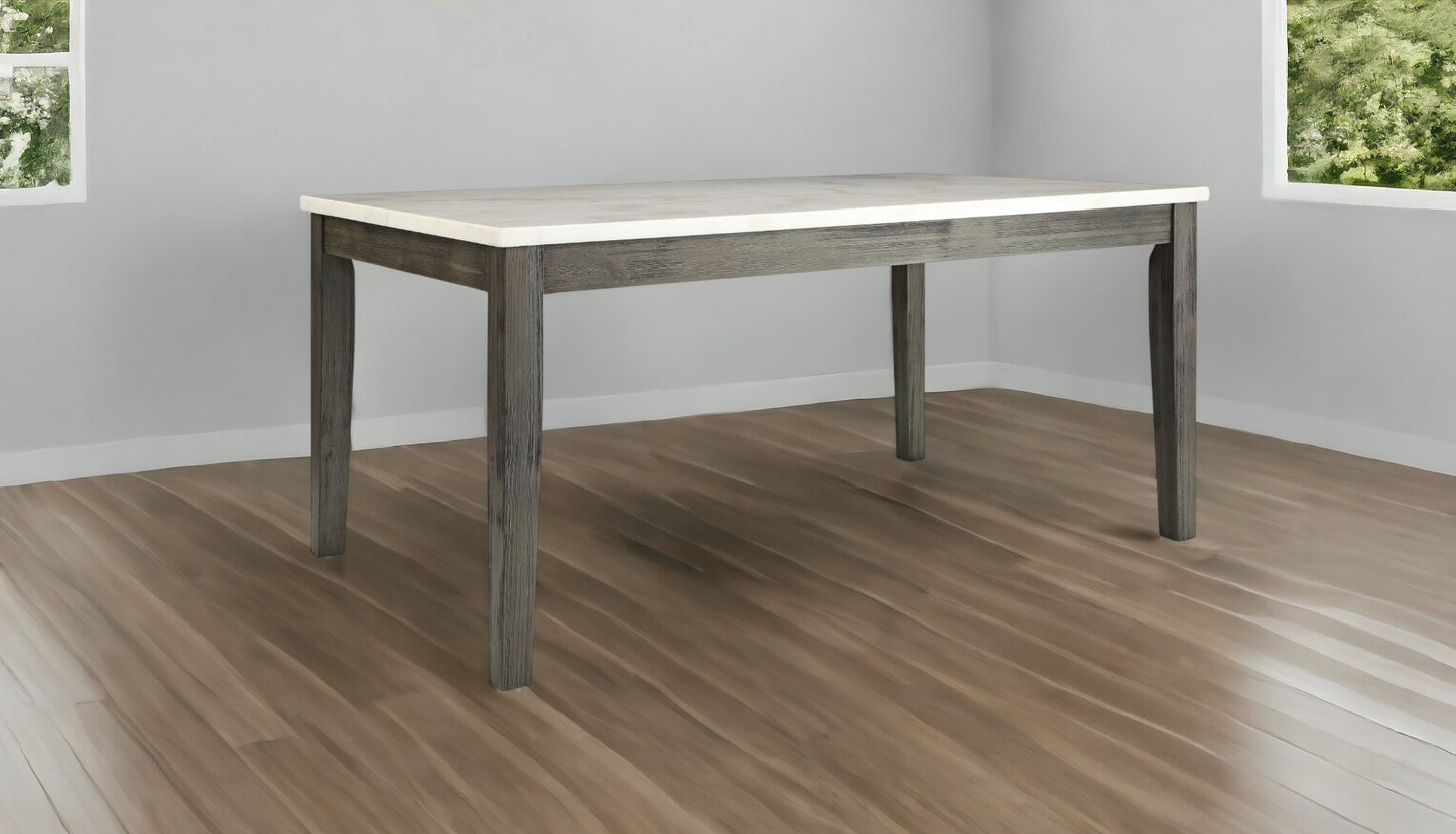 64" White And Gray Marble And Solid Wood Dining Table