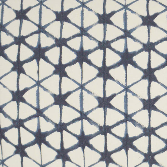 Navy blue geometric lattice on cream fabric with repeating star and triangle motifs.
