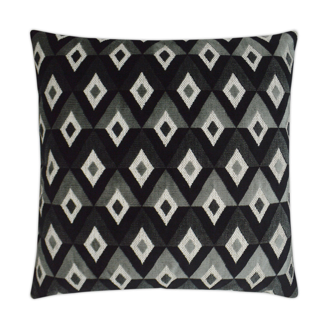 Square throw pillow with a repeating black, gray and ivory diamond geometric pattern.