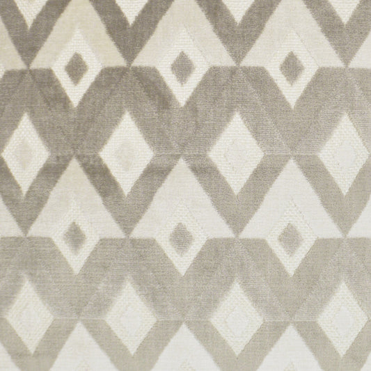 Geometric diamond-patterned fabric in beige and taupe with a soft woven texture.