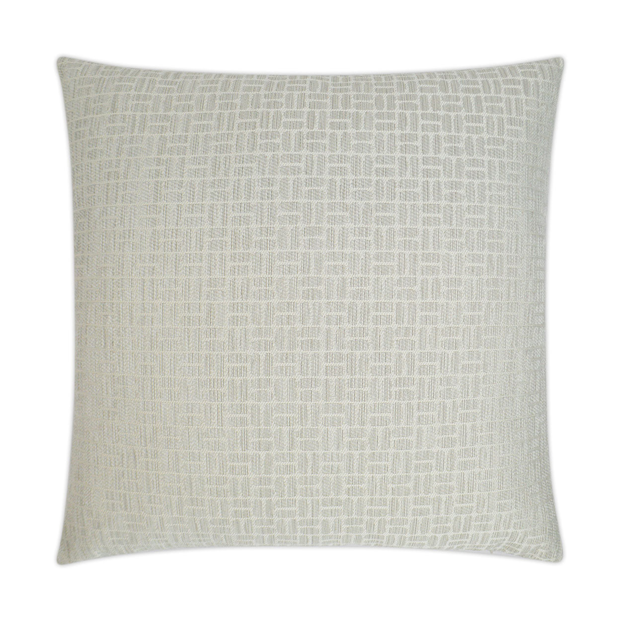 Cream square throw pillow with subtle woven geometric pattern; linen-like cover, neutral decorative cushion for sofa.