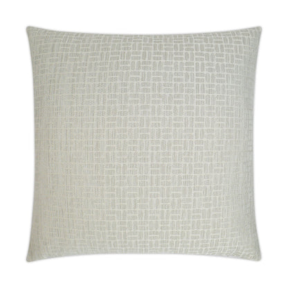 Cream square throw pillow with subtle woven geometric pattern; linen-like cover, neutral decorative cushion for sofa.