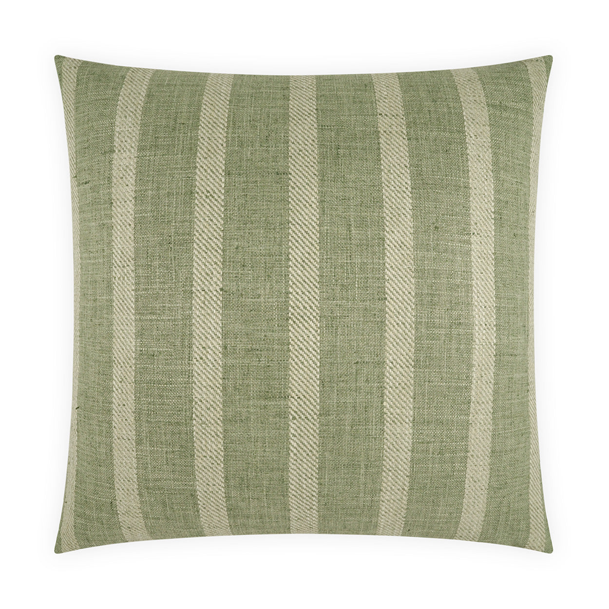 Square green linen throw pillow with beige vertical stripes and textured woven fabric for decor.