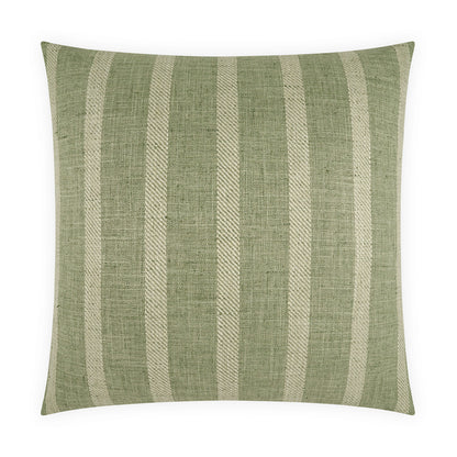 Square green linen throw pillow with beige vertical stripes and textured woven fabric for decor.