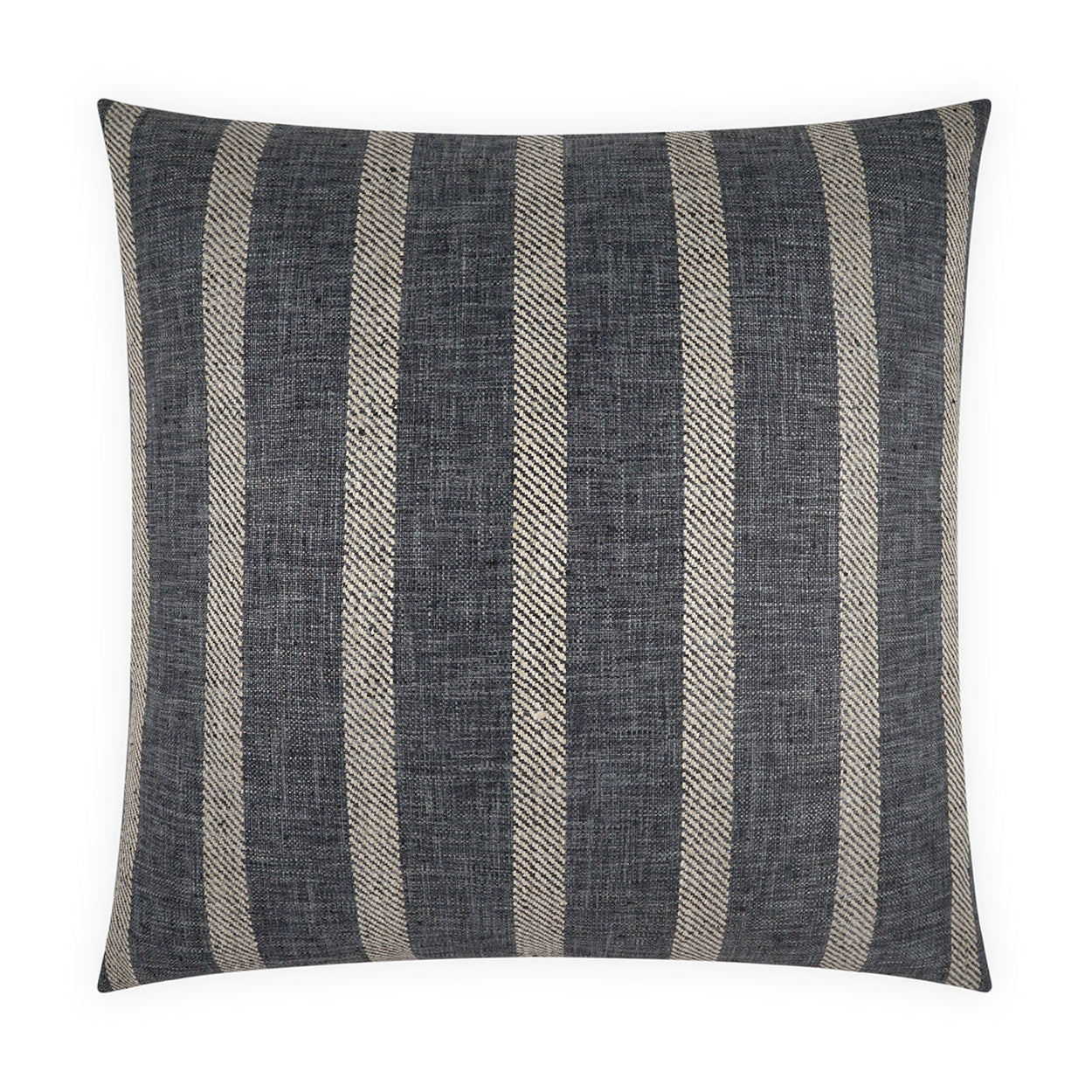 Dark blue-gray striped throw pillow with beige woven vertical stripes.
