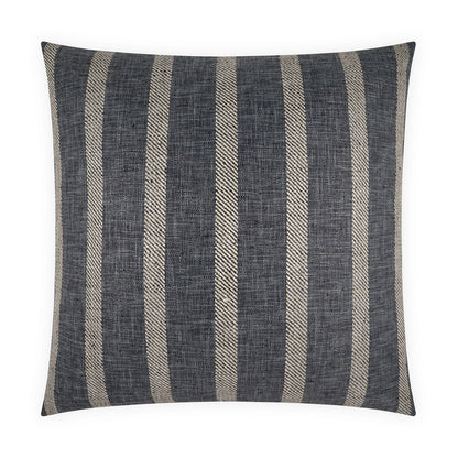 Dark blue-gray striped throw pillow with beige woven vertical stripes.