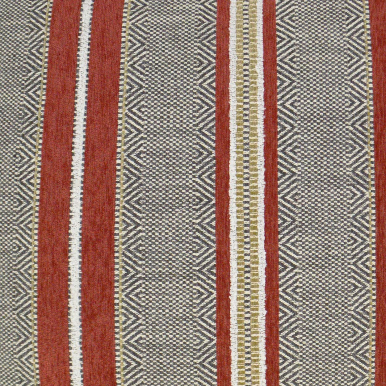 Woven striped fabric with bold red bands and white-yellow borders on a gray geometric chevron background.
