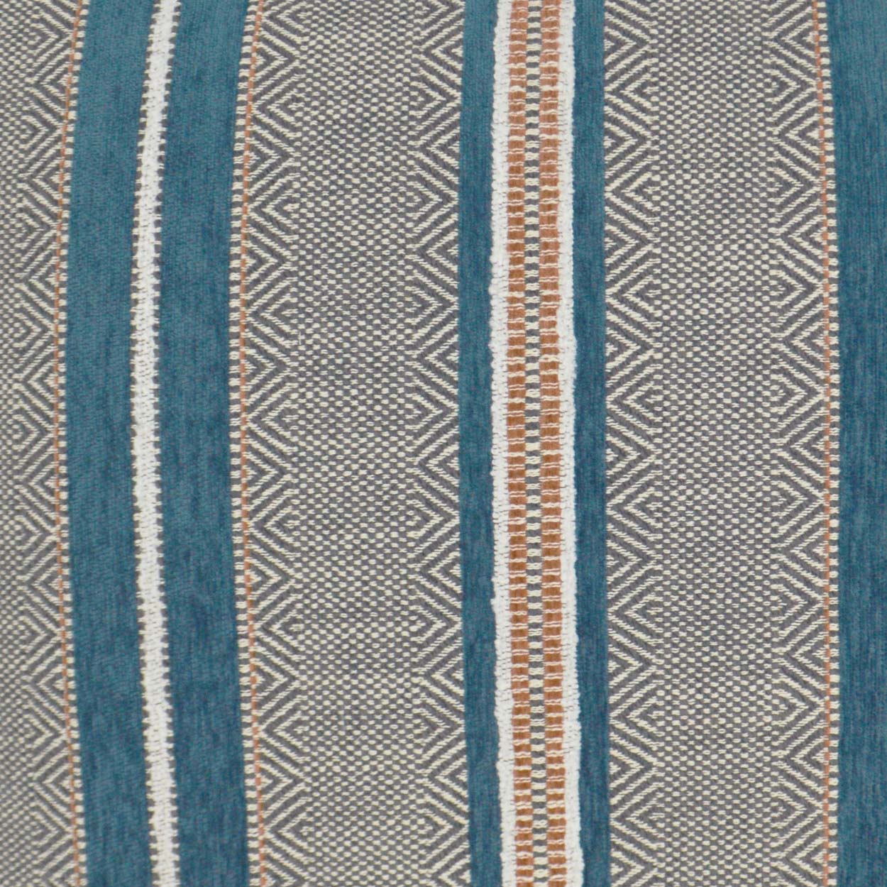 Woven striped fabric in teal blue and beige with geometric zigzag diamonds and orange-brown accents.