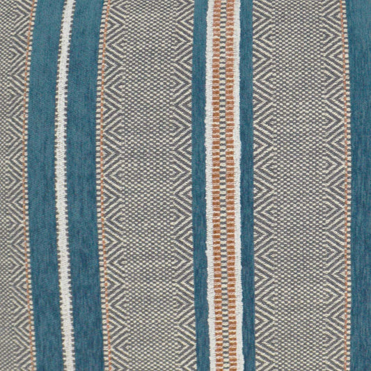 Woven striped fabric in teal blue and beige with geometric zigzag diamonds and orange-brown accents.