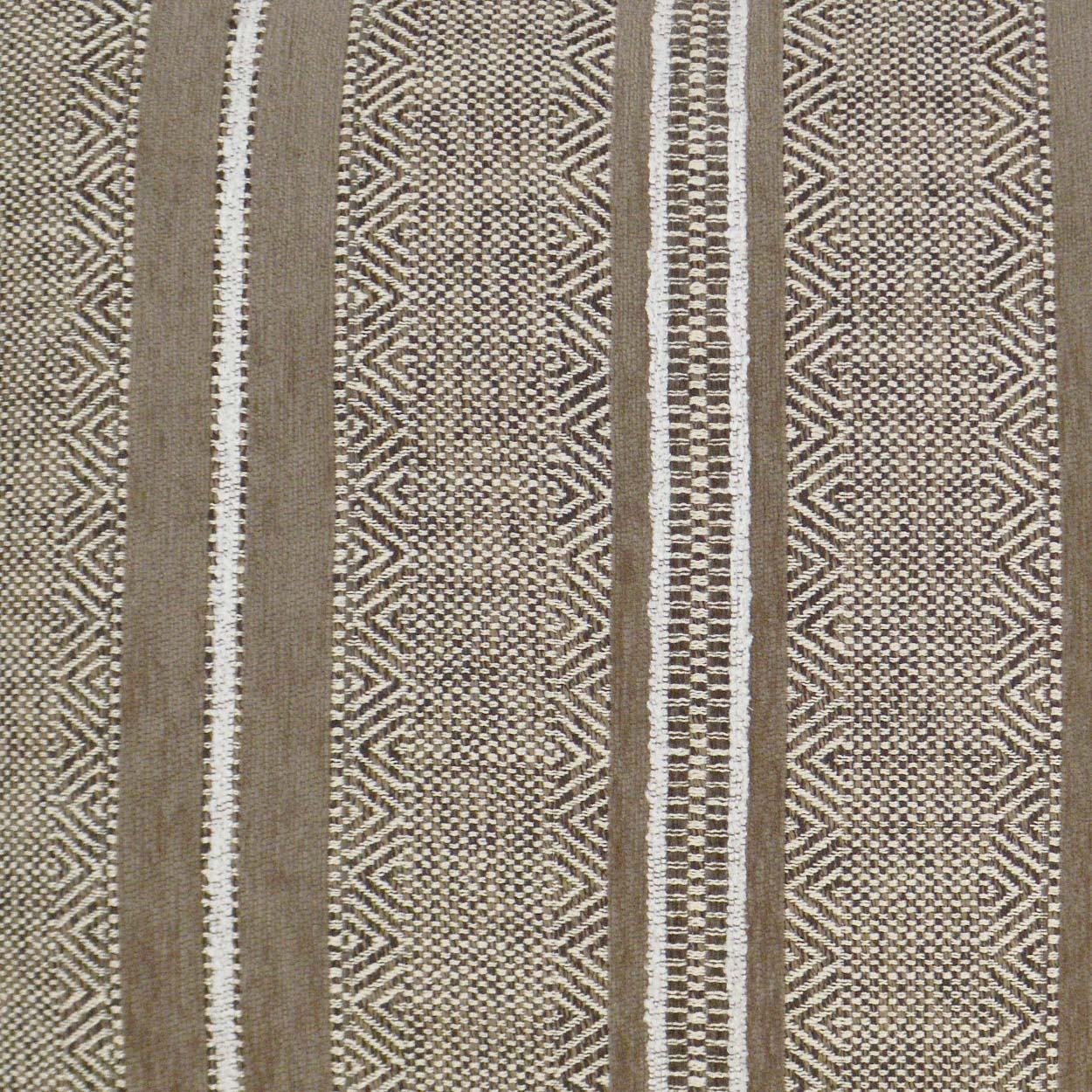 Pillow covered in mocha brown woven fabric with vertical beige and white striped geometric pattern; 24" x 24